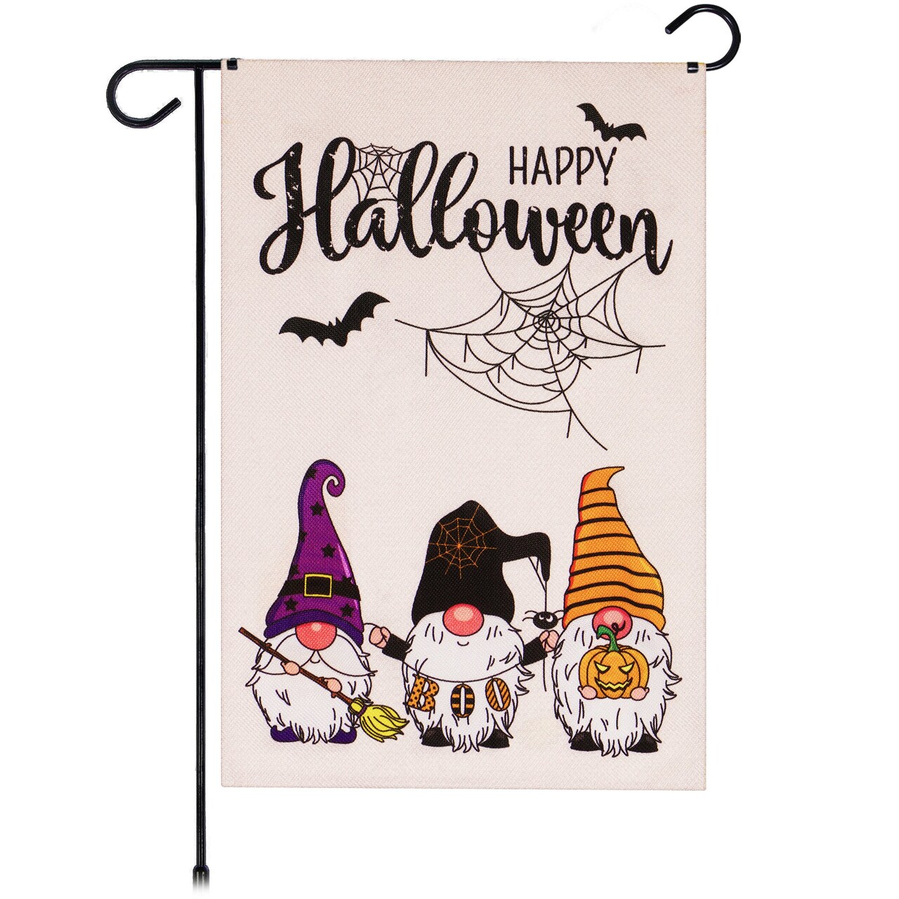 G128 Garden Flag Happy Halloween Three Gnomes Spider Web 12"x18" Burlap Fabric